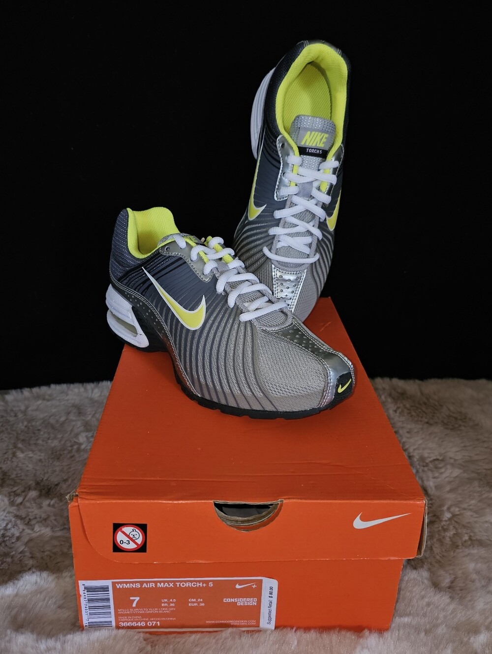 Nike + Air Max Torch 5 Metallic Silver & Neon Yellow Running Sneakers